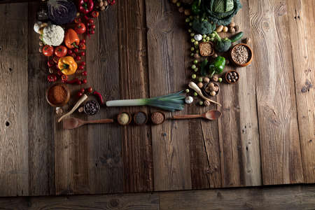 Vegetables. Wooden table, top view.の写真素材