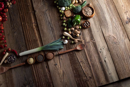 Vegetables. Wooden table, top view.の写真素材
