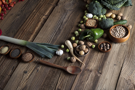 Vegetables. Wooden table, top view.の写真素材