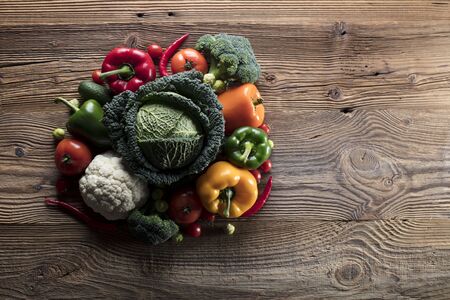 Vegetables. Wooden table, top view.の写真素材