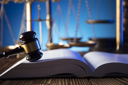 Lawyer, counselor office. Consultation with a lawyer concept. Gavel of the jugde and scale of...