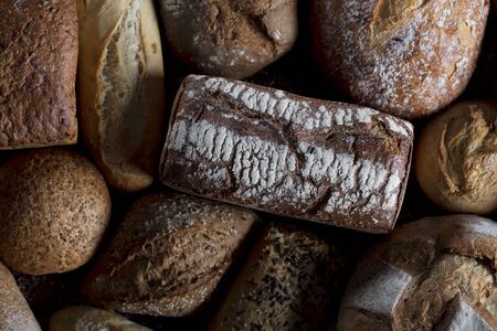 Baked goods. Mixed bread top view studio shots.