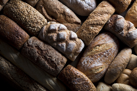 Baked goods. Mixed bread top view studio shots.