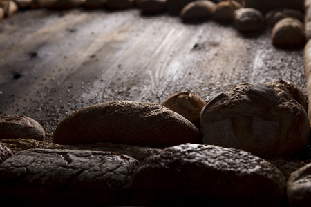 Baked goods. Mixed bread top view studio shots.