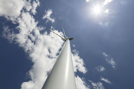 Renewable energy. Farm of wind turbines on the corn field.