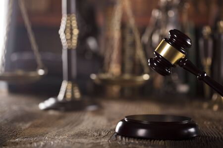 Law symbols, gavel, books. Law concept background. Place for text.