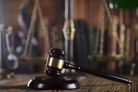 Law symbols, gavel, books. Law concept background. Place for text.