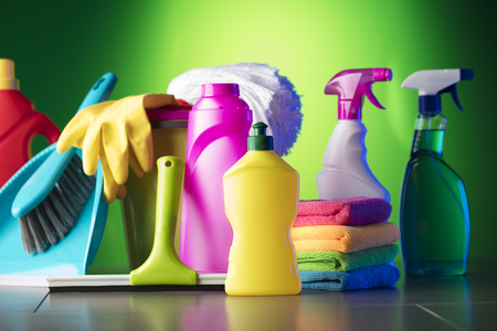 Variety of  house cleaning products on a colorful background.の写真素材