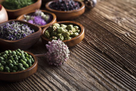 Natural remedy, healing herbs backgroundの写真素材