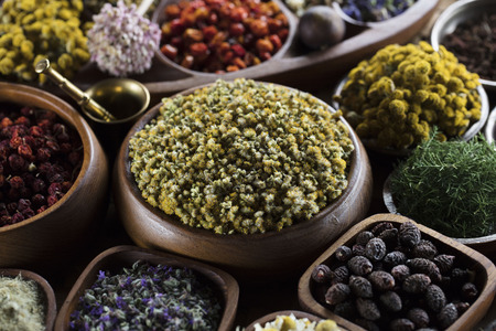 Natural medicine.  Herbs, berries and flowers in bowls on wooden table.の写真素材