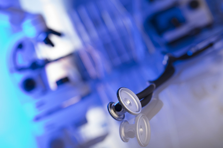 Healthcare, medical concept. Stethoscope, laboratory, lab glassware. Place for text.の写真素材