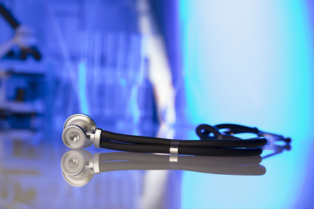 Healthcare, medical concept. Stethoscope, laboratory, lab glassware. Place for text.の写真素材