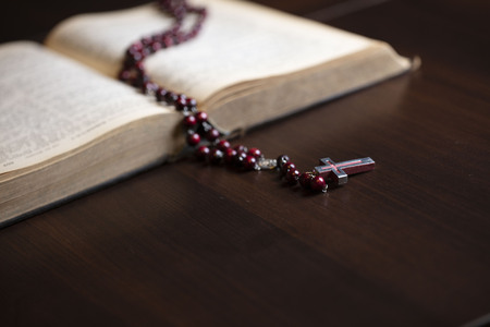Religion concept background. Christianity. Holy Bible and rosary.の写真素材