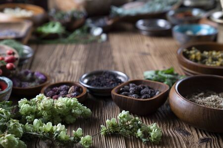 Spices theme. Collection of spices in bowls on wooden rustic table. Place for text or typography.