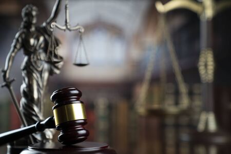 Law theme. Themis statue, judge gavel and scale of justice in the law faculty library.の写真素材