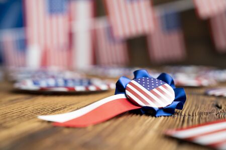 4th of July. Independence Day concept. American flag on the wooden rustic table.