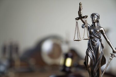 Lawyers office concept. Law symbols composition: Themis statue,g avel and scale.の写真素材