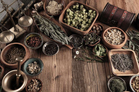Large spice and herb collection in bowls and spoons forming an abstract background.の写真素材