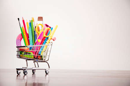 School supplies. Set of colorful school accessories isolated on the white background.の写真素材