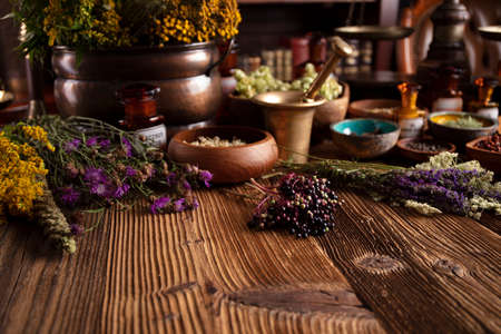 Natural medicine theme. Assorted dry herbs in bowls and brass mortar on rustic wooden table.の写真素材
