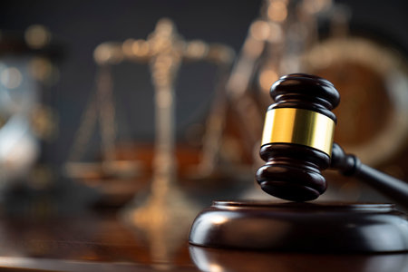Law symbols composition. Judgeâs gavel, Themis  statue, scale, hourglass and old clock on the shining wooden brown table and the gray background.の写真素材