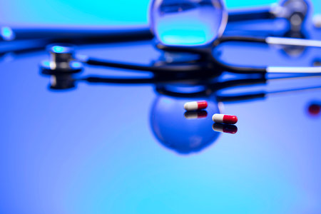Global healthcare concept. Stethoscope on blue table and background.の写真素材