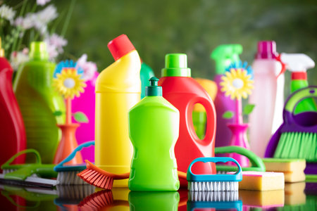 Spring house and office cleaning. Cleaning kit and sources on the glass table. Bokeh  background.の写真素材