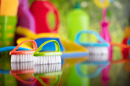 Spring house and office cleaning. Cleaning kit and sources on the glass table. Bokeh  background.の写真素材