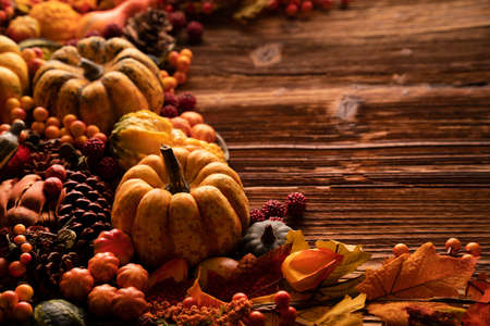 Autumn composition on a rustic wooden background. Decorative pumpkins, various leaves, pine cones, nuts. Orange, yellow, red  and brown aesthetics.の写真素材