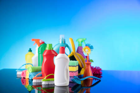 House  cleaning for Christmas. Colorful cleaning kit on blue background.の写真素材