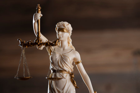 Judge office. Law and justice symbols composition: judgeâs gavel, scale and Themis sculpture.の写真素材