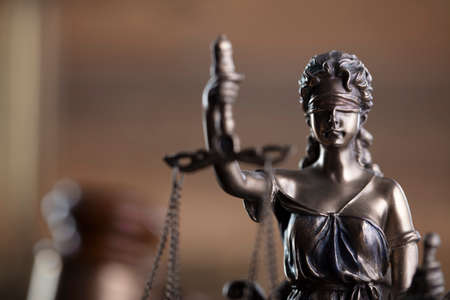 Judge office. Law and justice symbols composition: judgeâs gavel, scale and Themis sculpture.の写真素材