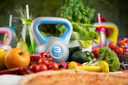 Fitness concept. Healthy nutrition: fruits and vegetables. Equipment for fitness exercises: weighing...