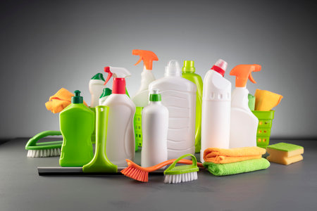 House  and office cleaning products. White and green cleaning kit on gray background.の写真素材