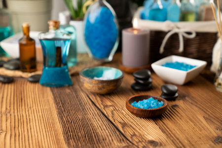 Spa accessories on wooden paneling. Spa treatments.の写真素材