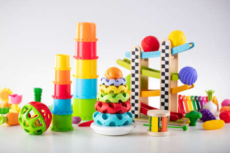 Toy blocks for little babies on white backgroundの写真素材