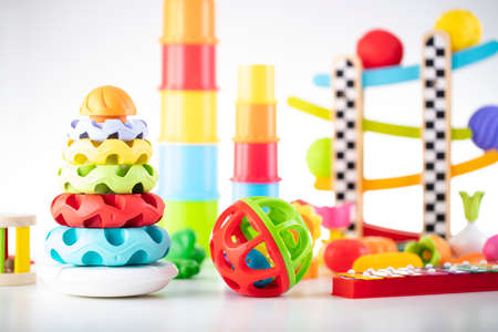 Toy blocks for little babies on white backgroundの写真素材