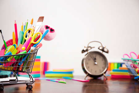School supplies. Set of colorful school accessories isolated on the white background.の写真素材