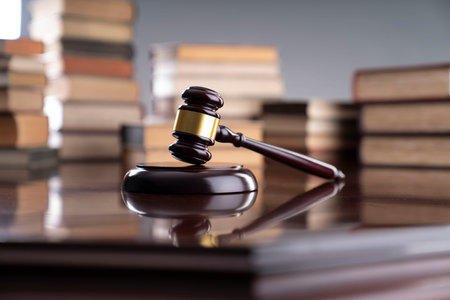 Law theme - judge office. Gavel, legal books and Themis  on the judge desk.