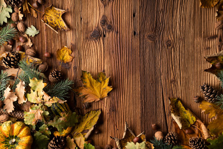 Autumn composition on a rustic wooden background. Decorative pumpkins, various leaves, 
pine cones, nuts. Orange, yellow, red  and brown aesthetics.の写真素材
