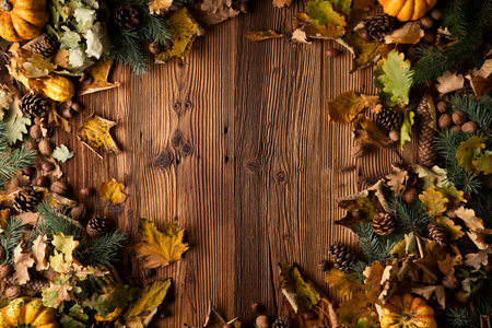 Autumn composition on a rustic wooden background. Decorative pumpkins, various leaves, 
pine cones, nuts. Orange, yellow, red  and brown aesthetics.の写真素材