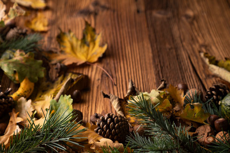 Autumn composition on a rustic wooden background. Decorative pumpkins, various leaves, 
pine cones, nuts. Orange, yellow, red  and brown aesthetics.の写真素材