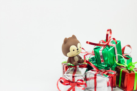 Christmas gift boxes and teddy bear isolated on white background, New year gift set.の写真素材