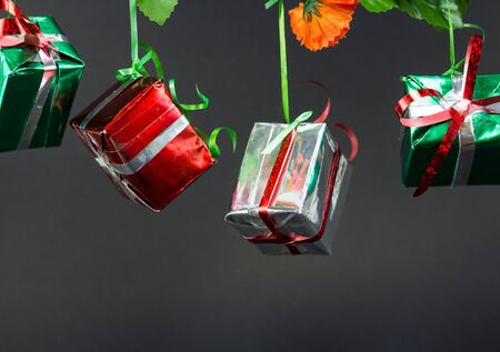 Christmas gift boxes on black background, New year gift set.