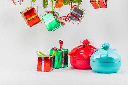 Christmas gift boxes on white background, New year gift set.の写真素材