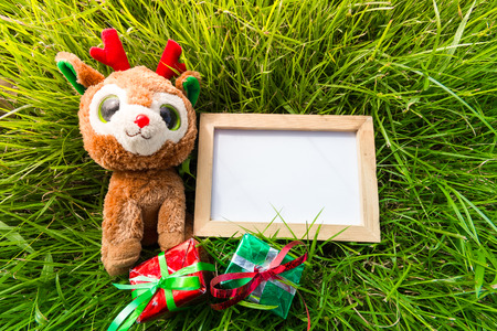 Blank whiteboard for your text on lawn  background with teddy reindeer, christmas gift box for...