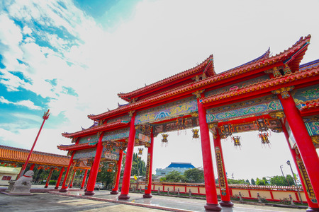 The Shrine named "Lo Hsien Tai Pu Tian Gong" on blue sky. Travel in holiday, Thailand.のeditorial素材