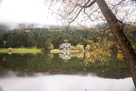 Autumn wooden Lake house inside forest in Bolu Golcuk National Park, Turkey wallpaper