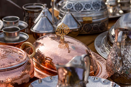 Copper food containers sold in market, Turkey