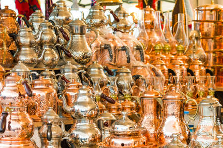Copper food containers sold in market, Turkeyの写真素材